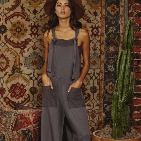 FRENCH TERRY SLOUCHY OVERALL JUMPSUIT in Wine Color - Picture 4 of 6